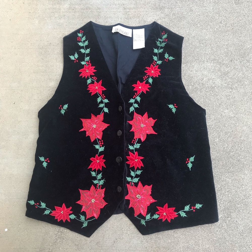 Festive Holiday Christmas Black Vest with Red Poinsettias